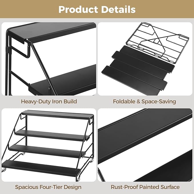 2 PCS Foldable 4 Tier Spice Rack Organizer, Adjustable Step Shelf Tiered Spice Rack for Cabinet, Countertop & Pantry Storage, Metal Spice Rack for Spice Bottles, Jars
