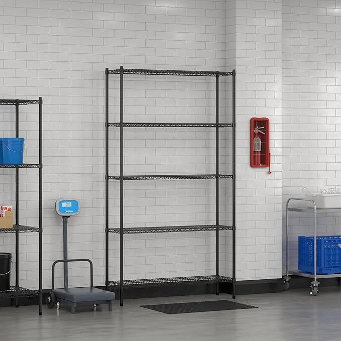 Commercial NSF Listed Black Epoxy Stationary Wire Shelving Kit 14" x 48" x 86", with 5 Shelves Perfect for Warehouse, Walk-in Refrigerator, Freezer, Grocery Store, Restaurant, Dishroom