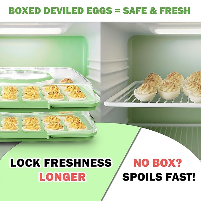 Deviled Egg Containers with Lid - 2 Pack 48 Count Reusable Platter Storage Tray with Handle for Refrigerator, Party, Thanksgiving, Christmas, Easter, Potlucks, Tea Parties, Picnics, Brunches (Green)