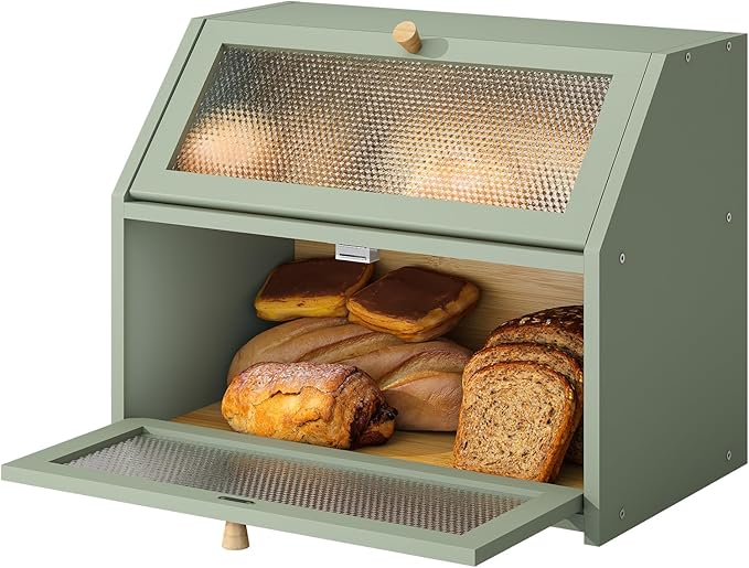 Bread Box for Kitchen Countertop Bin Double Layer Bread Box Storage Container Extra Large Capacity Farmhouse with Diamond Pattern Windows (Green, Large)