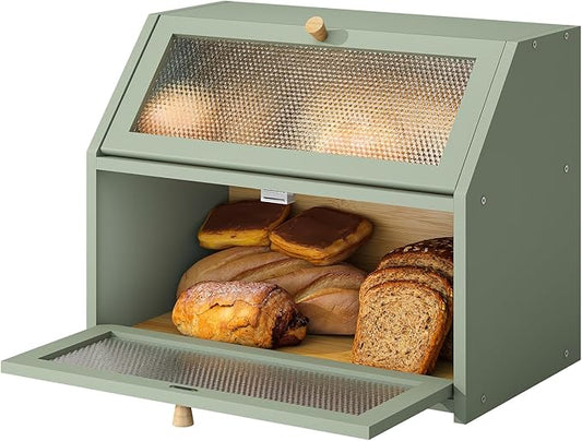 Bread Box for Kitchen Countertop Bin Double Layer Bread Box Storage Container Extra Large Capacity Farmhouse with Diamond Pattern Windows (Green, Large)