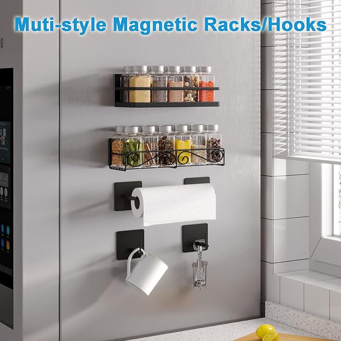 Thipoten Magnetic Spice Rack, Strong Magnetic Shelf with 2 Removable Hooks, Perfect Space Saver for Small Kitchen/Apartment, Awesome Metal Cabinet for Holding Spices, Jars, Bottle, Beve(Black, 2Pack)