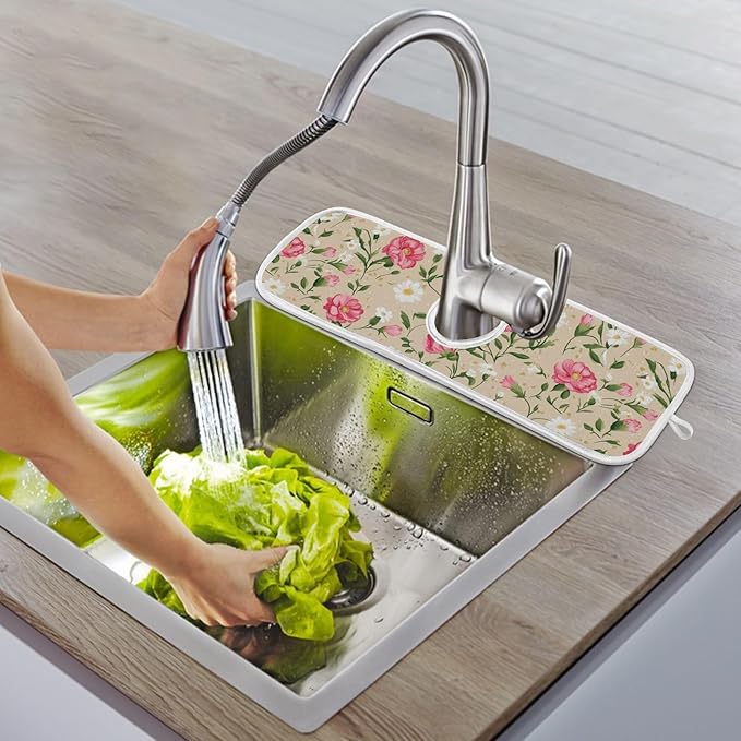 2 PCS Kitchen Sink Splash Guard 30 Inch Faucet Mat for Kitchen Sink Bathroom Sink Faucet Absorbing Drip Drain Mat Pad Microfiber Soft Washable Beige and Pink Carnation