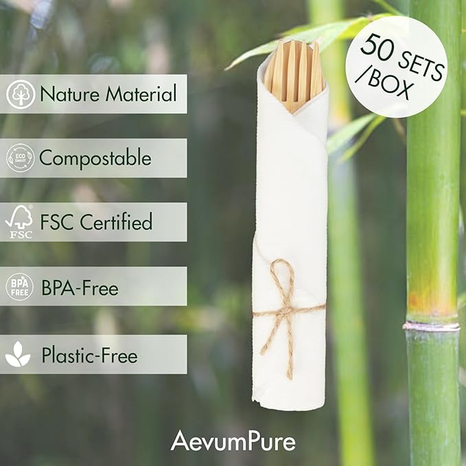 Pre Rolled Napkin and Bamboo Cutlery Set - 50 Sets (200 PCS)Disposable Wrapped Bamboo Utensils (50Forks,50Spoons,50Knives,50Compostable Napkins)-Wooden Silverware/Wrapped Plastic Tableware Alternative