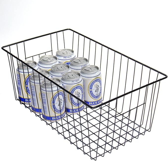 Y.Z.Bros 16" L x 12" W Wider Freezer Storage Organizer Baskets Container, Deep Metal Wire Chest Upright Refrigerator Divider Bins with Built-in Handles for Cabinet, Pantry, Kitchen, Black