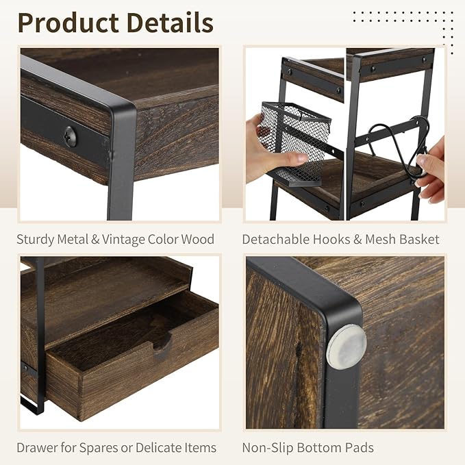 3 Tier Bathroom Countertop Organizer with Drawer, Wood Metal Vanity Shelf with Basket and Hooks, Countertop Storage Rack for Skincare, Perfume, Makeup, Kitchen Coffee Bar
