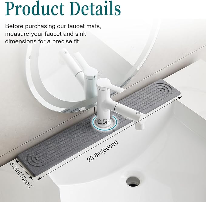 ODE TO ORDER 23.6 Inch Water-Absorbing Stone Faucet Mat for Kitchen Sink Bathroom Counter，Dark Grey Diatomite Drying Stone Mat, Sink Stone Tray Protector,Prevent Moisture Sink Splash Guard