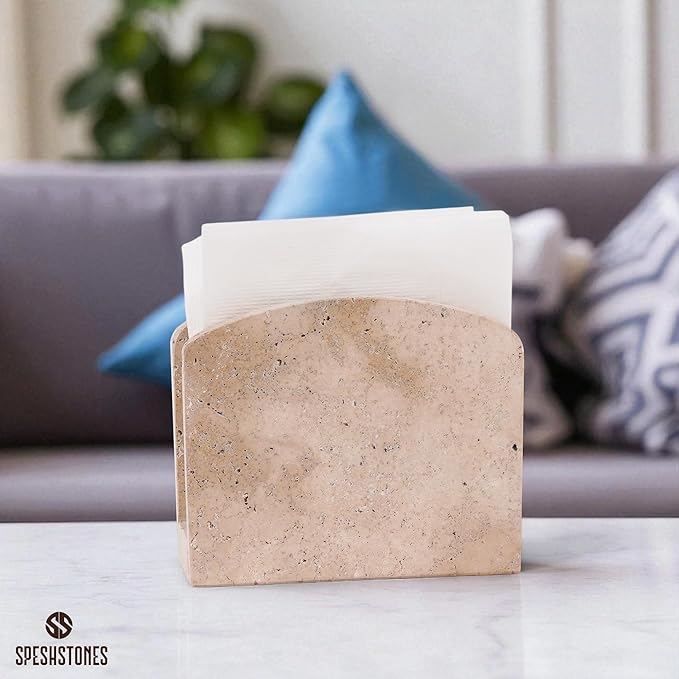 Marble Napkin Holder for Table 6.5 Inch Handmade Travertine Decorative Cocktail Napkins & Tissue Paper Holders for Modern Farmhouse Decor, Bathroom Accessories, Home, Kitchen and Dining