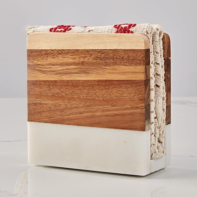 Marble Wood Napkin Holder, Square Heavy Duty Table Standing Tissue Dispenser, Handmade Natural Wood and Marble Tissue Holder, Napkin Dispenser for Home, Kitchen Countertop, Dining Room