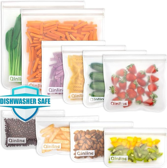 Qinline Reusable Food Storage Bags - 10 Pack Freezer Bags, Reusable Bags , Extra Thick Leakproof Reusable Lunch Bag for Salad Fruit Snack Travel - 2 Gallon 4 Sandwich 4 Snack Bags