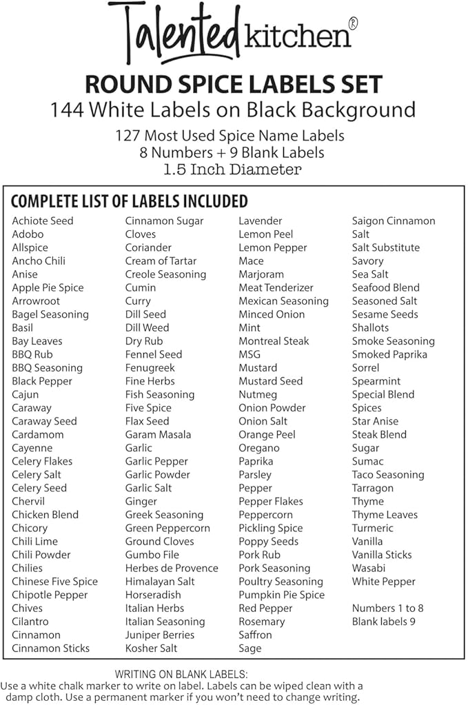 Talented Kitchen Spice Labels Stickers - 144 Round 1.5-Inch Water-Resistant Vinyl - Preprinted Chalkboard-Style Labels for Glass Spice Jars & Seasoning Containers - Pantry Organization