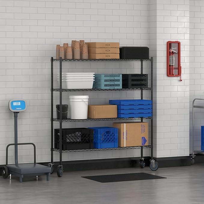 Commercial NSF Listed Black Epoxy Mobile Wire Shelving Kit 12" x 54" x 60", with 4 Shelves Perfect for Warehouse, Walk-in Refrigerator, Freezer, Grocery Store, Restaurant, Dishroom
