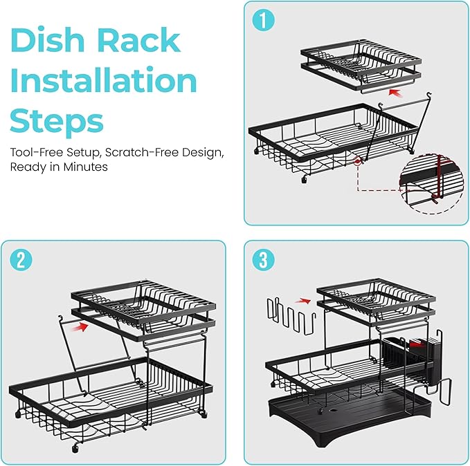 CEASIN 2 Tier Dish Drying Rack, Premium Alloy Steel Dish Drainer for Kitchen Counter, Drainboard & Cup Holder, Anti-Rust & Space Saving, Utensil Holder, Black Dish Drying Rack, 44.5x31.8x11.7