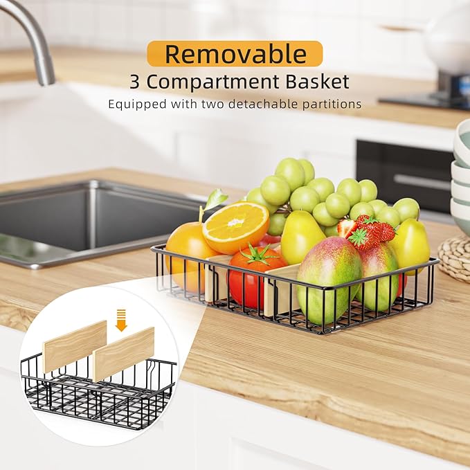 Fruit Basket for Kitchen Countertop, Fruit Bowl with 3 Compartments, Kitchen Organizer for Fruits, Vegetable, and Snack Storage