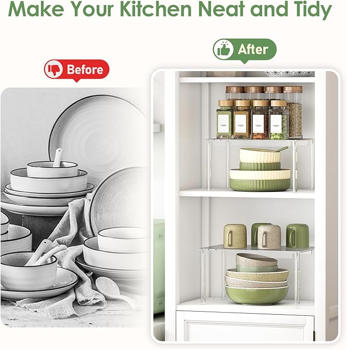 Delamu Cabinet Organizer Shelf for Kitchen, Set of 2 Acrylic Shelf Riser for Dish Organizer, Stackable Cabinet Riser for Counter, Pantry Organization and Storage, Clear