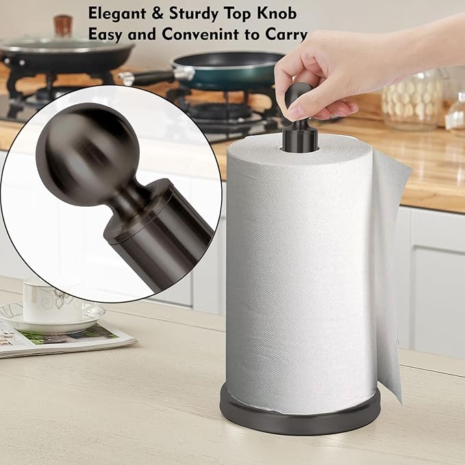 Paper Towel Holder Countertop, Standing Paper Towel Roll Holder for Kitchen Bathroom, with Weighted Base for One-Handed Operation, No Wobbly (Stainless Steel Base, Black)