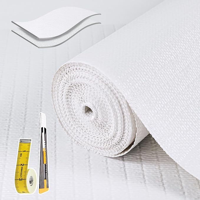 Shelf Liners for Kitchen Cabinets Non Adhesive Drawer Liner 12in x 30FT Pure White Thickened Shelf Liner Strong Non-Slip Easy to Clean for Tool Box Refrigerator with Knife and Tape Measure
