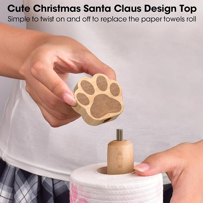 KitchLife Cute Wooden Paper Towel Holder Countertop - Solid Freestanding Paper Towel Dispenser Stand Organizer with Anti-Skid Base (Paw)