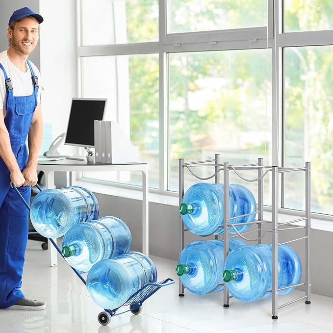 LIANTRAL 5 Gallon Water Bottle Holder, 3 Tier Silver Double Row Heavy Duty Cooler Jug Rack with 6 Slots for Home Kitchen