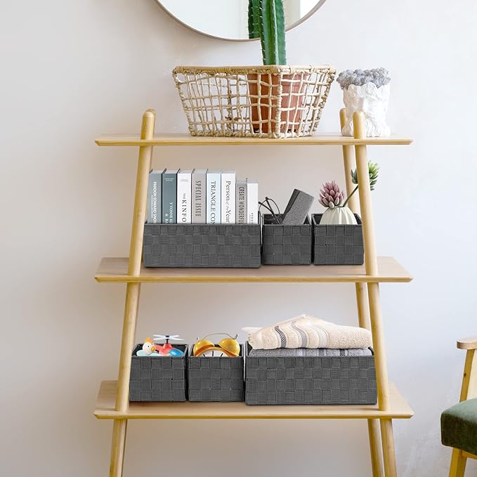 Posprica Woven Storage Baskets for Organizing 6 Pack, Large&Small Storage Cube Bins Set for Bathroom, Storage Boxes Container for Drawer, Closet, Shelf, Dresser, Dark Grey