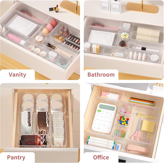 72 PCS Plastic Drawer Organizer Set, 4-Size Clear Bathroom and Vanity Desk Drawer Organizer Trays, Non-Slip Versatile Storage Divider Bins for Makeup Jewelry Bedroom Office Kitchen Gadgets
