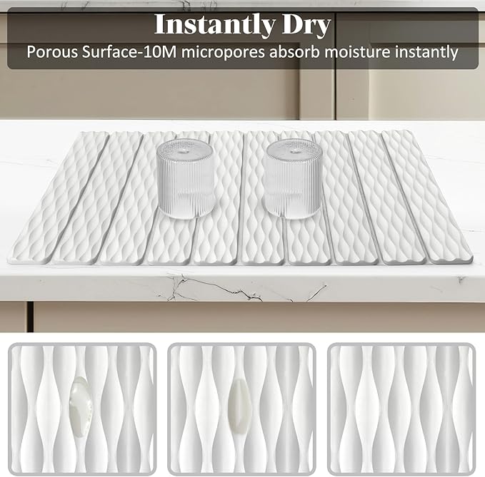 Stone Dish Drying Mats for Kitchen Counter, 24"(L)×16"(W), Fast Drying Collapsible Dish Drying Mat, Eco-Friendly Absorbent Diatomaceous Earth Mats for Match Any Countertop, Wave - Pattern