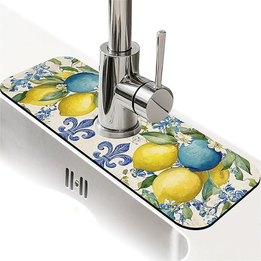 Kitchen Sink Splash Guard，Blue and yellow lemons Faucet Mat Sink Gadgets-Super Absorbent Fast Drying Mat Drip Catcher for Kitchen, Bathroom,Sink Mat, Dish Drying Mat, Bathroom(15" X 5.5" )