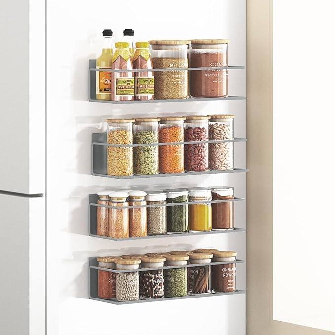 Roysili Magnetic Spice Rack For Refrigerator, Space Saving Magnetic Shelf For Fridge Grey 4 Pack