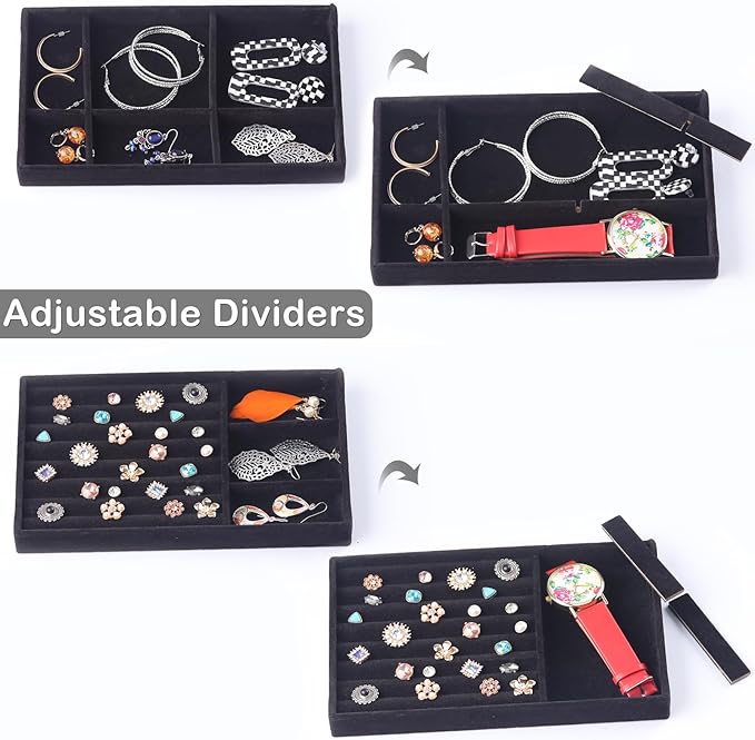 Jewelry Organizer Tray,Stackable Velvet Jewelry Trays,Set of 8 Drawer Inserts Earring Organizer For Women Girls Jewelry Storage Display Case for Rings Stud Necklaces (Black)