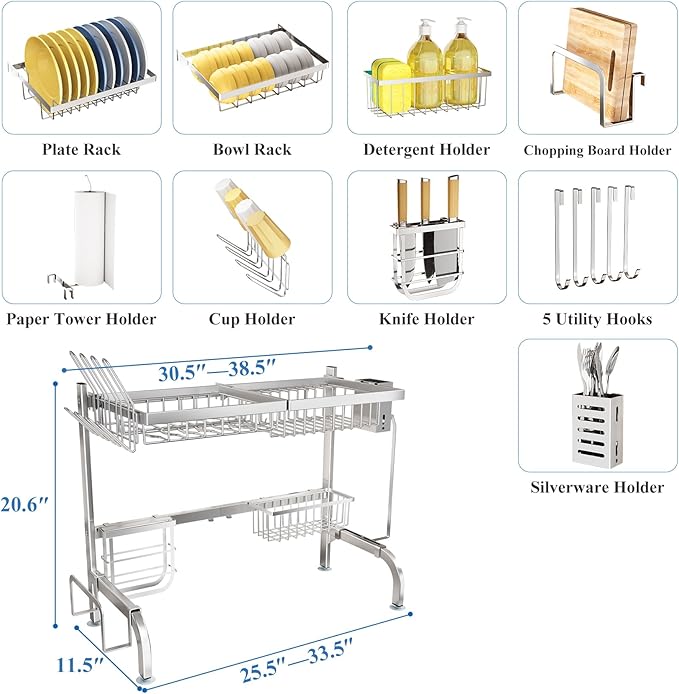 SAYZH Over The Sink Dish Drying Rack, Adjustable (25.5 to 33.5 inch) 2 Tier Metal Steel Dish Drying Racks for Kitchen Counter with Hooks Paper Towel Utensil Cup Holder Sink Caddy (Silver)