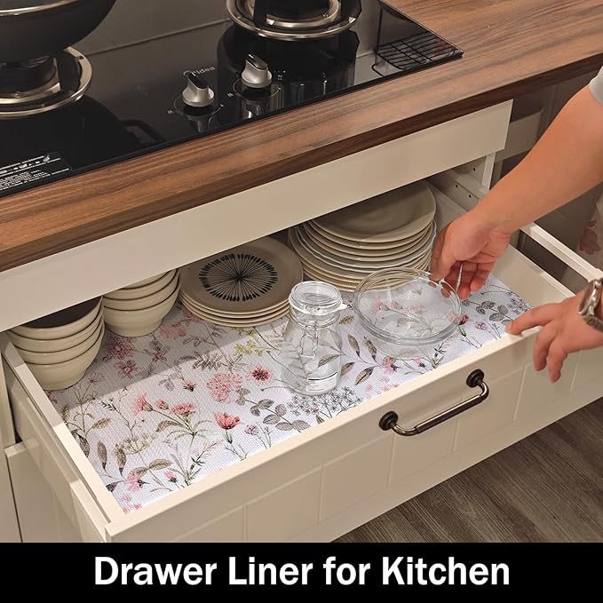 Amiitay Floral Leaf Shelf Liners Strong Non-Slip and Non Adhesive 12IN x 20FT Shelf and Drawer Liners for Kitchen Cabinet Wire Fridge, Waterproof Shelf Drawer Liner,Easy to Clean