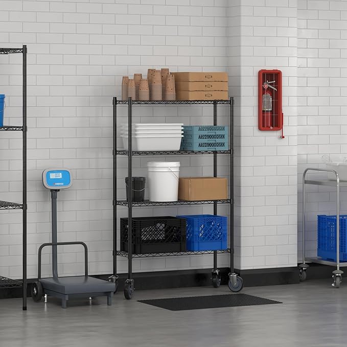 Commercial NSF Listed Black Epoxy Mobile Wire Shelving Kit 12" x 36" x 60", with 4 Shelves Perfect for Warehouse, Walk-in Refrigerator, Freezer, Grocery Store, Restaurant, Dishroom