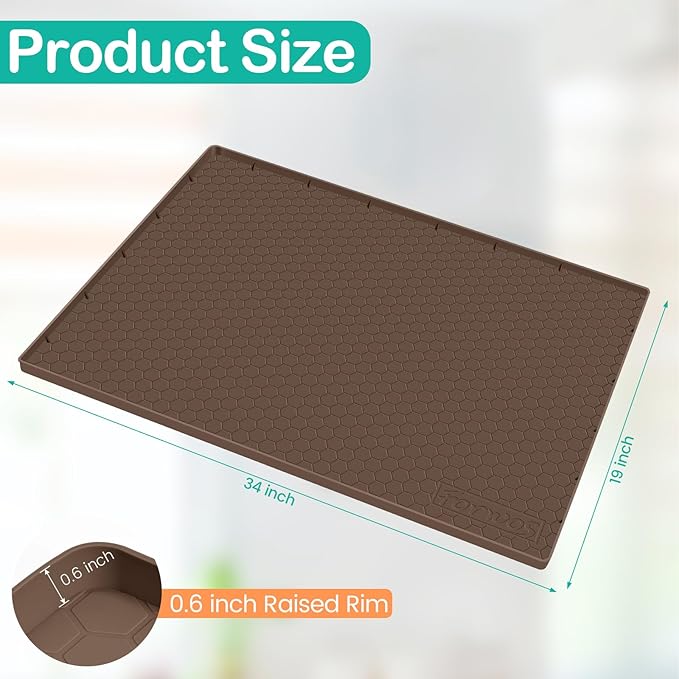 FORWOS Waterproof Under Sink Mat 34" x 19", Silicone Cabinet Liner, Rubber Protector for Kitchen and Bathroom, Keeps Cabinets Clean, Dry, and Organized (Brown)