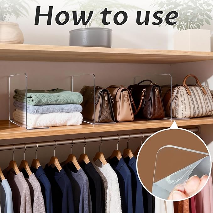 16 Pcs Shelf Dividers for Closet Organization, 10" Tall x 12" Deep Acrylic Shelf Clothes Separators Clear Closet Shelf Dividers Adjustable Sturdy Separate for Clothes Purse Book Hat and Handbag