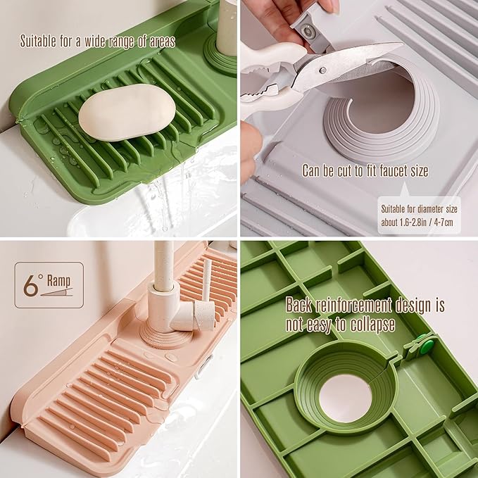 Longer Silicone Faucet Mat for Kitchen Sink – Button Style Faucet Drip Catcher & Leak-Proof Sink Splash Guard with 6° Slope, Behind Faucet Draining Mat,Gadgets for Bathroom (green, small)