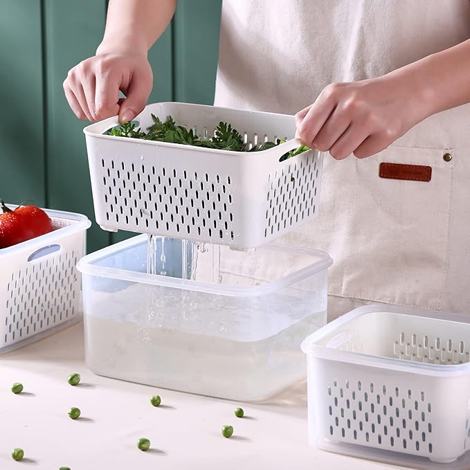 Ronanemon Large Fridge Food Storage Container Set with Lids with Strainer, Fruit Vegetable Storage Containers Keep Fruits, Vegetables, Berry, Meat Fresh longer, BPA-Free Plastic Produce Keepers