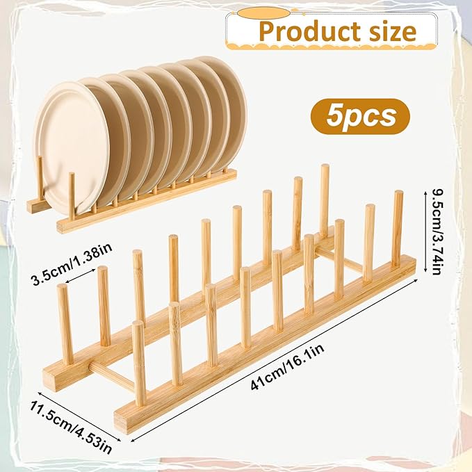 5 Pcs Bamboo Dish Racks, 8 Slots, Vertical Drainer, Plate Drying Stand Holder, Kitchen Cabinet Organizer for Dish, Pot Lids, Plates, Cups, and Cutting Boards and Books