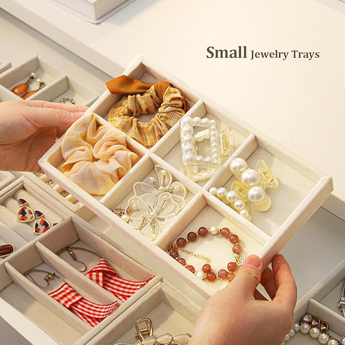 Jewelry Trays Organizer for Drawer, 9 Set of Small Jewelry Display Case Storage Velvet Stackable Drawer Inserts Organizer for Necklaces Bracelets Earrings Rings (Beige)