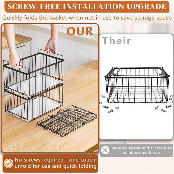 Large Freezer Organizer Bins, Upgrade One-Touch Open/Close, 4 Pack Big Stackable Deep Freezer Organizer Bins, Black Wire Foldable Baskets with Handles, for 5 to 7 Cu.FT Deep Freezer Sort Frozen Meats