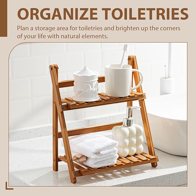 Matcha Station Shelf, 11.8'' Coffee Station Organizer, 2 Tiers Bamboo Mug Holder Countertop, Desktop Flower Pot Rack for Home Living Room Window Sill Foldable Display Storage Shelf(Brown)