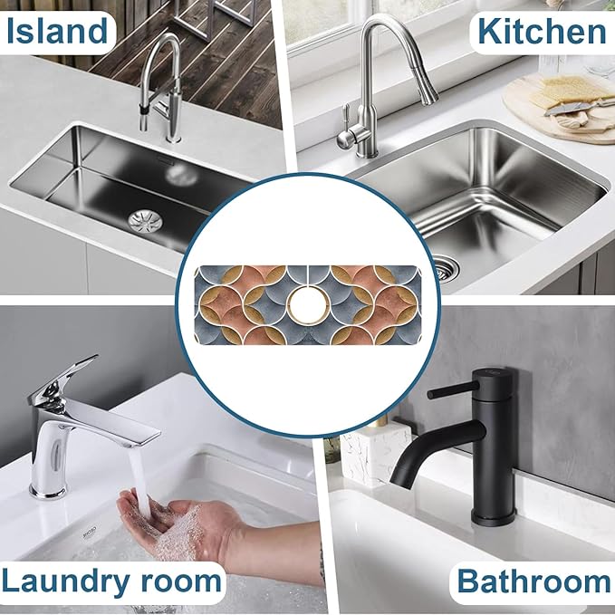 Geometric Printing Sink Faucet Absorbing Mat Ceramic Tile Texture Super Absorbent Fast Drying Mat Sink Gadgets Behind Faucet Sinkmat for Kitchen Bathroom, 15.5"x5.5"