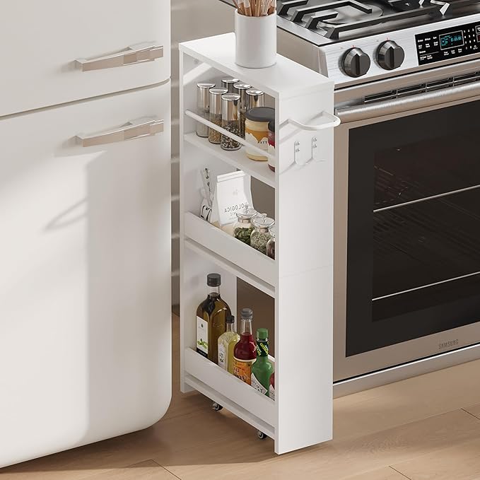 ChooChoo 4-Tier Bathroom Storage Cart, 5.5 inches Wide Narrow Storage Cabinet with 360° Wheels and 2 Hooks, Space-Saving Organizer for Kitchen, Narrow Places, Home Office, White