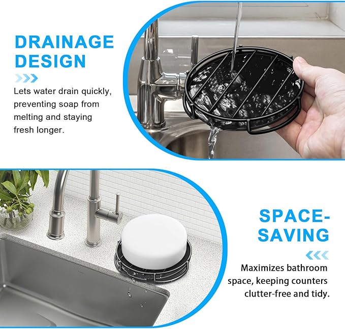 Stainless Steel Smiley Face Dish Sponge Holder, Black Sink Caddy for Kitchen Countertop, Soap Bar Dishes with Drainage, Self Draining Soap Dish Saver Shampoo Holder Tray Caddy for Scrubber