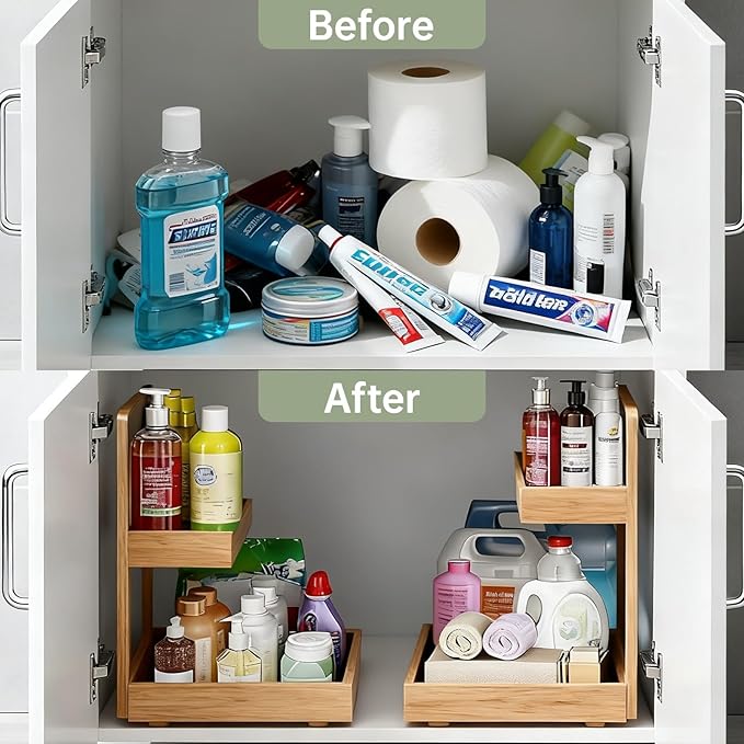 Bamboo Undersink Organizer Storage - 2-Tier Cabinet Shelf with Adjustable Levels, Under Sink Storage Slide Out for Cabinet Pantry Kitchen Bathroom
