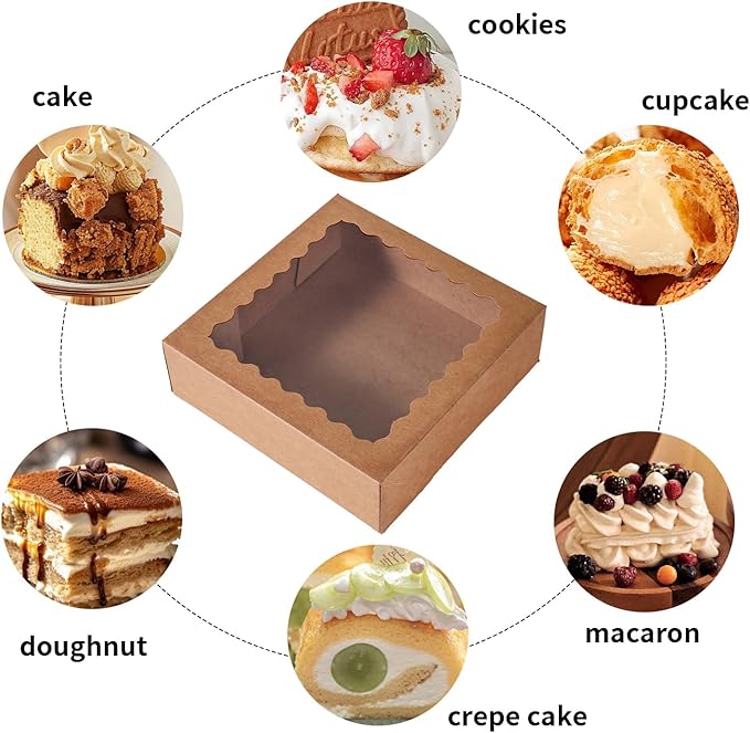 36 pcs 9x9x2.5 Inches Cake Box with Window, Bakery Pastry Cookie Boxes, Mini Pie for Pastry,Dessert,Strawberries,Chocolates (Brown, 9x9x2.5inch/36pcs)