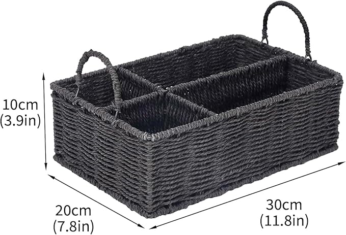 Snack Organizer for Countertop,Wicker Basket Snack Holder with with Handles,4 Compartment Snack Storage Basket for Coffee Station Organizer,Kitchen Pantry Organizers and Storage(Black)