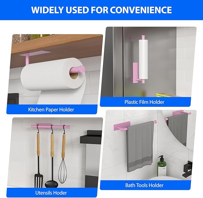 Paper Towel Holder Under Cabinet, Self-Adhesive,No Drilling, Stainless Steel, Wall-Mounted for Kitchen and Bathroom, Easy Install, Durable, Space-Saving, Ideal for Home, RV (Pink, 1 Pack)