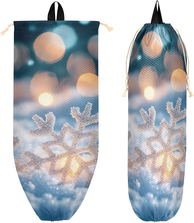 Plastic Bag Holder Wall Mount Grocery Bag Shopping Bag Storage Holder Organizer Dispenser with Adhesive Hook,for Kitchen Bathroom Home Decor 9x22 Inches Christmas Snowflakes Lights Blue40