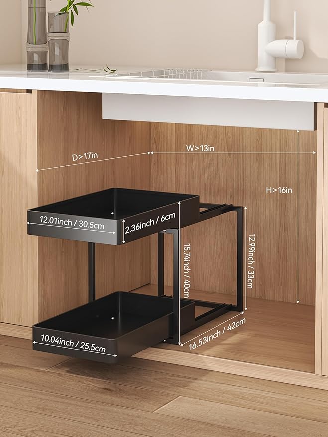 2 Tier Pull Out Cabinet Organizer with Sliding Basket Bathroom Cabinet Organizer, Bathroom Kitchen Multi-Purpose Under Sink Organizer and Storage Cabinet in Metal 1 pack