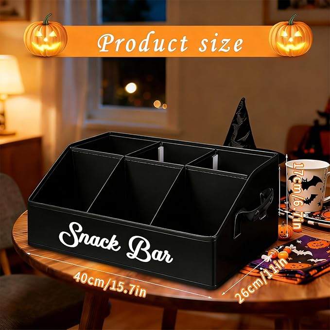 Snack Organizer for Countertop, Snack Basket with Adjustable Compartments via Velcro, 6 Compartment Food Container, Basket for Snacks with PU Handles, Black